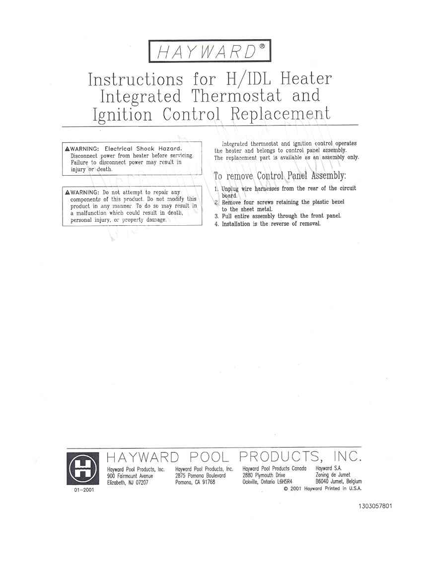 Hayward H-Series Heater Control Bezel IDXLCPA1930