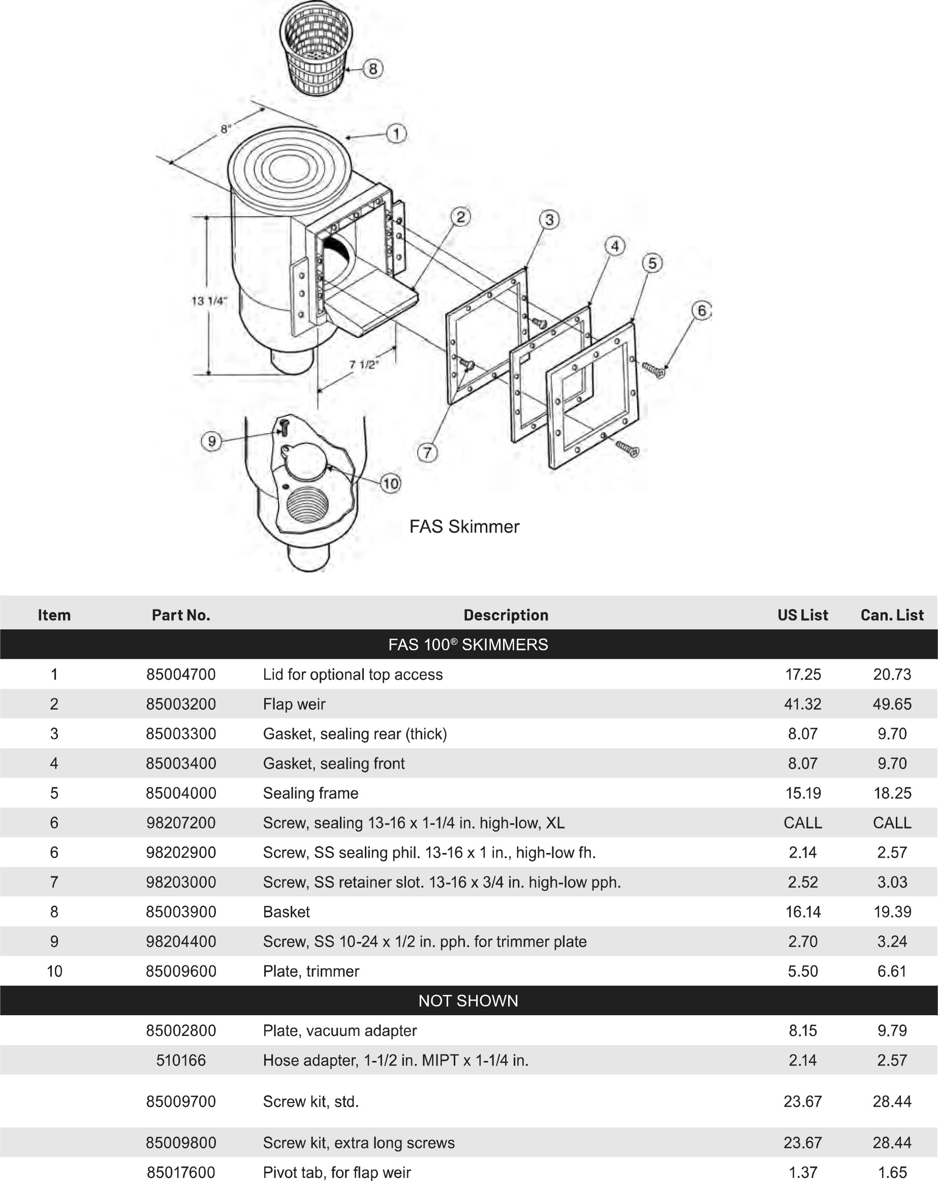 Pentair FAS Above Ground Swimming Pool Skimmer Parts List