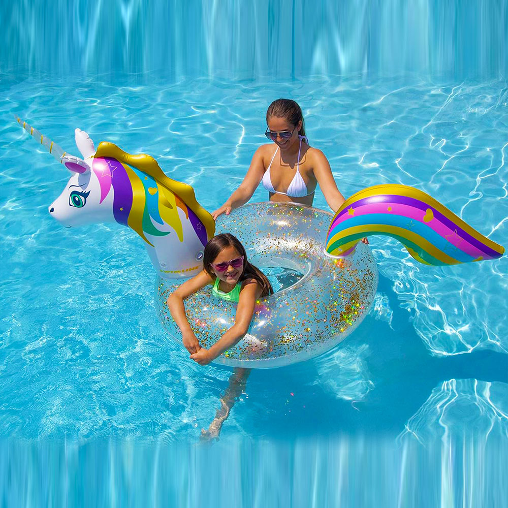 Swimming Pool Inflatable Floating LED Unicorn Glitter Pool Ring 90387