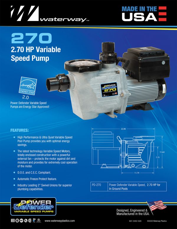 Waterway Power Defender 2.7HP Variable Speed Pump PD-270